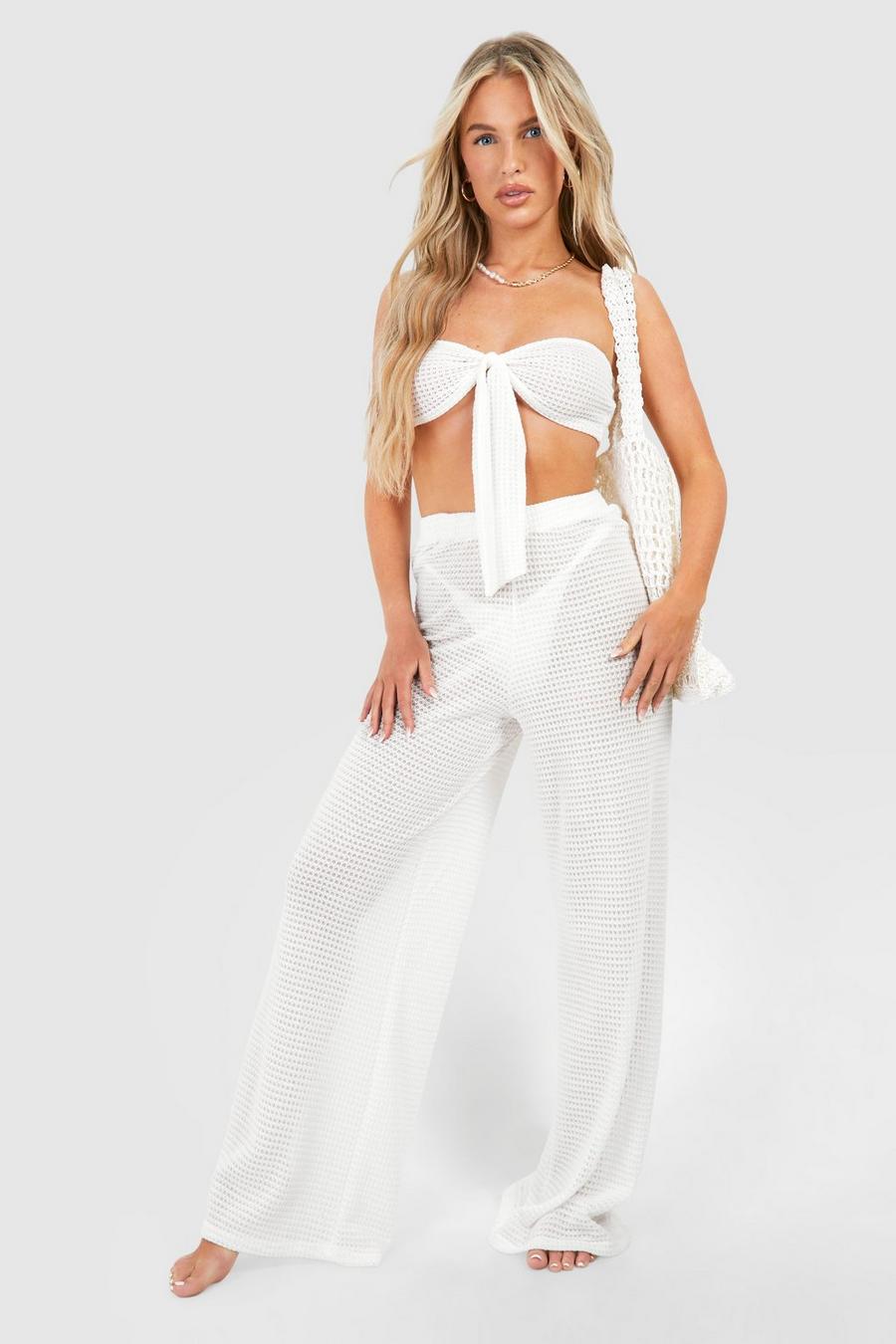 White Knitted Bandeau Top & Pants Beach Co-Ord image number 1