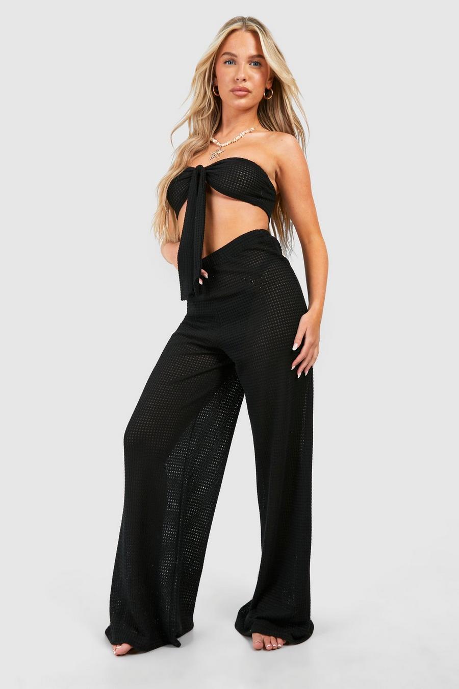 Black Knitted Bandeau Top & Pants Beach Co-Ord image number 1