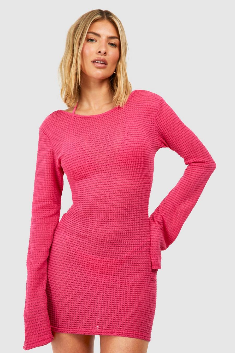 Hot pink Stickad kort strandklänning med öppen rygg image number 1