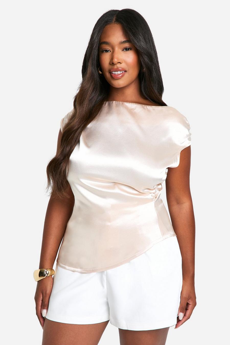 Champagne Plus Premium Satin Off The Shoulder Ruched Top image number 1