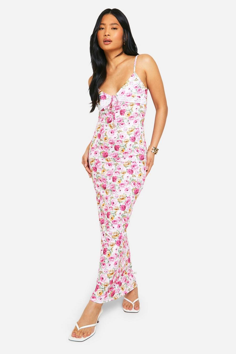 Pink Petite Lace Tie Front Floral Maxi Dress