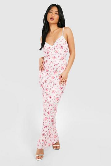 Petite Lace Trim Ditsy Floral Rib Maxi Dress pink