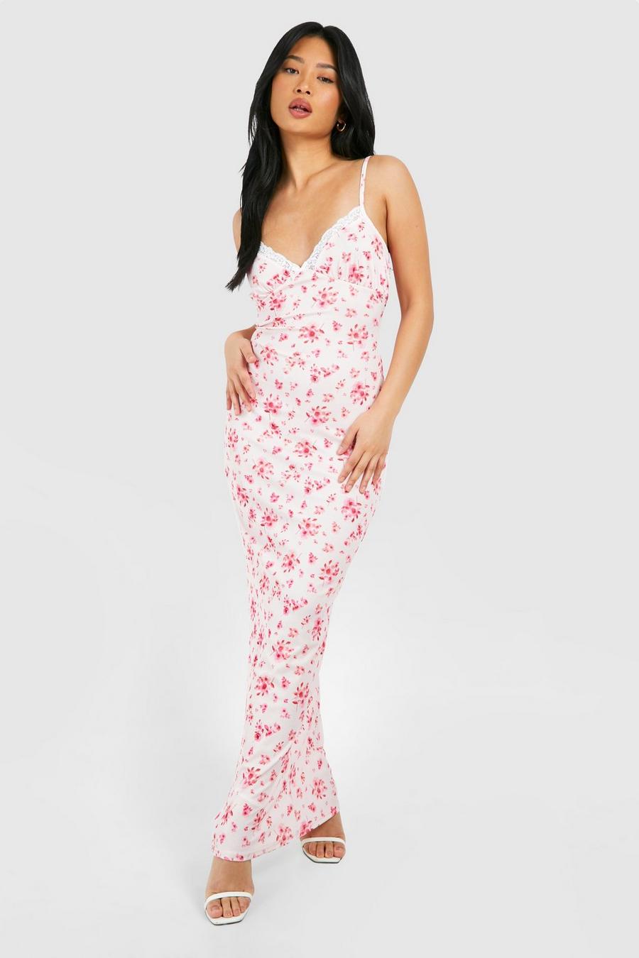 Pink Petite Lace Trim Ditsy Floral Rib Maxi Dress  image number 1