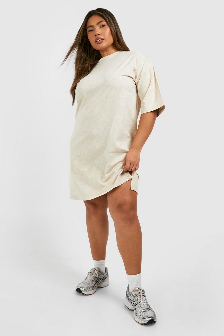 Washed khaki Plus Oversized Acid Wash Gebleekte T-Shirtjurk