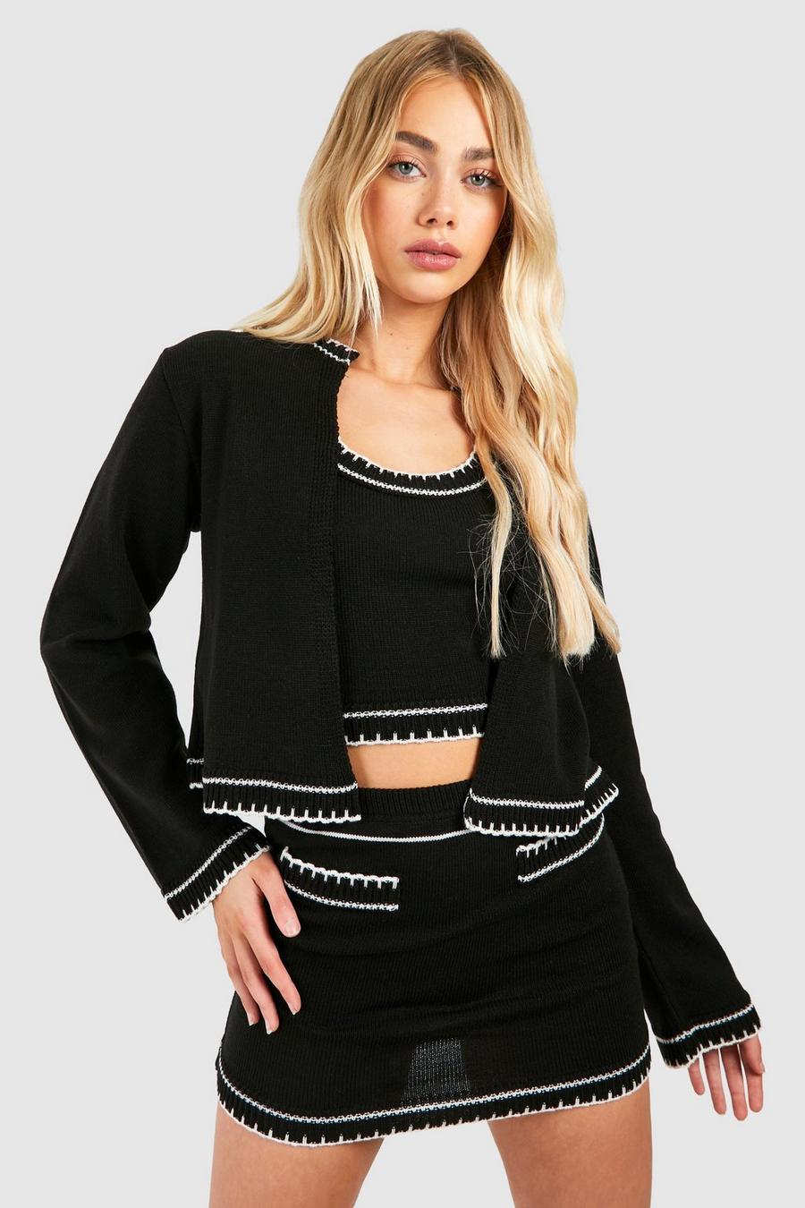 Black Contrast Stitch 3 Piece Knitted Cardigan, Crop Top And Mini Skirt Set image number 1