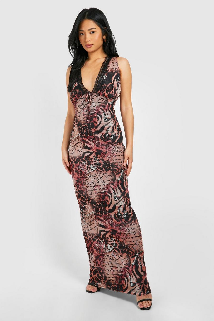 Natural Petite Animal Lace Tie Front Plunge Mesh Maxi Dress  image number 1