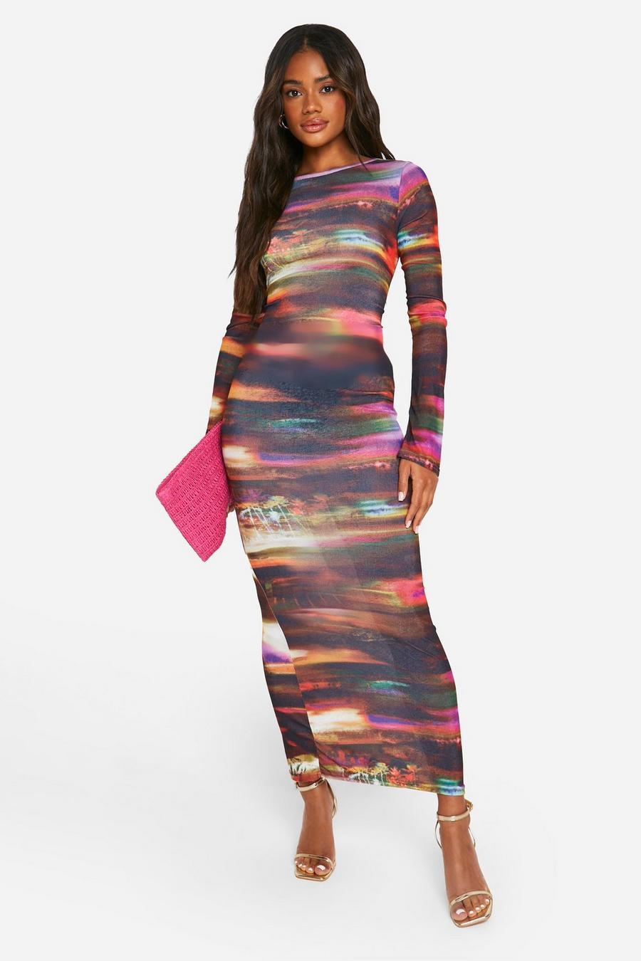 Multi Abstract Strap Back Detail Maxi Dress