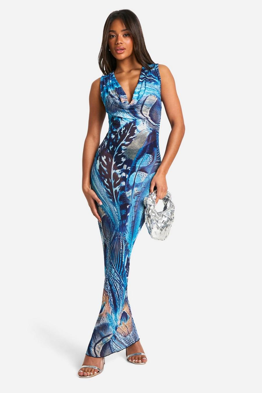 Blue Feather Print Crinkle Mesh Maxi Dress image number 1