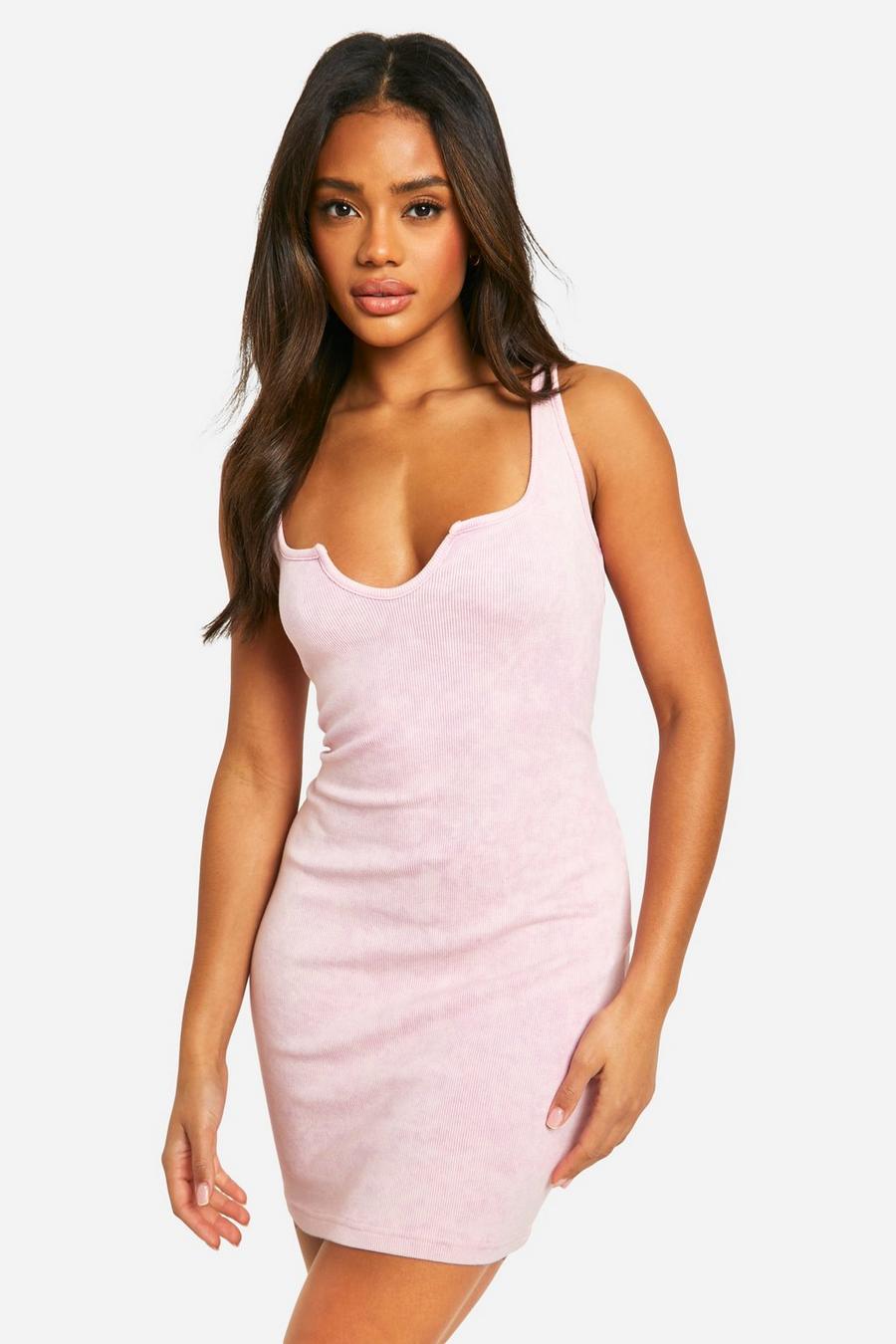 Baby pink Acid Wash Notch Neck Bodycon Dress image number 1