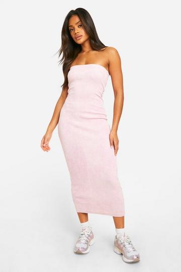 Geribbelde Acid Wash Gebleekte Strapless Midaxi Jurk baby pink