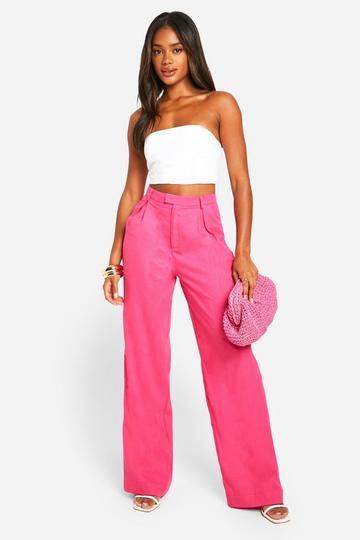 Bright Wide Leg Linen Look Pants hot pink