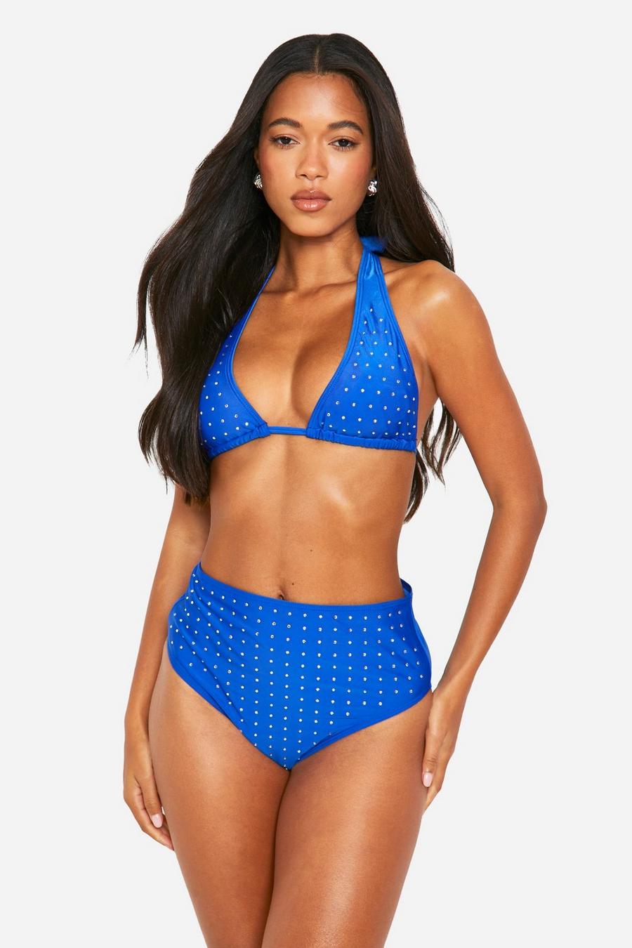 Top bikini a triangolo allacciato al collo con strass, Cobalt image number 1