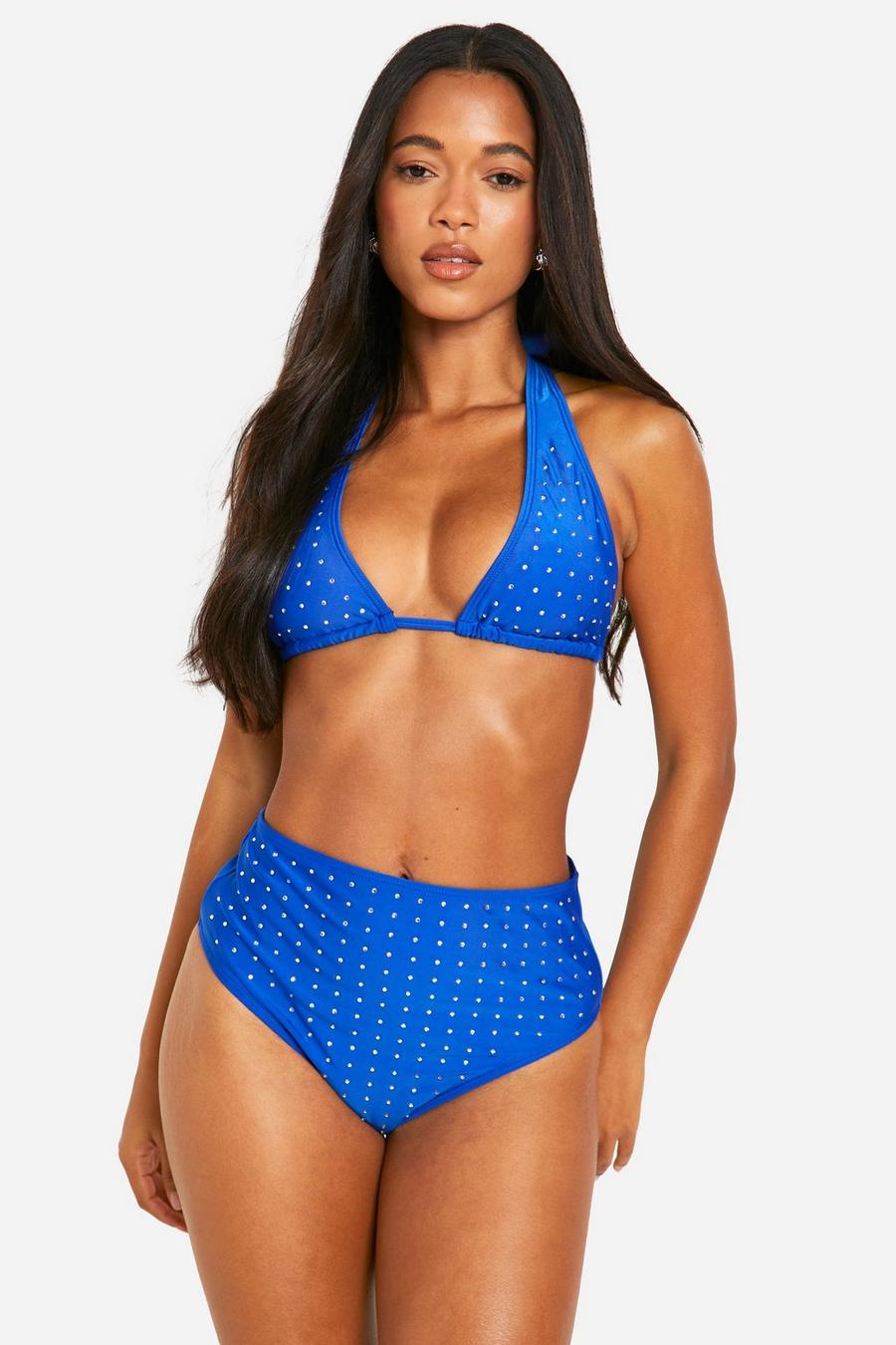 Bikinihose mit hohem Bund und Strass, Cobalt image number 1