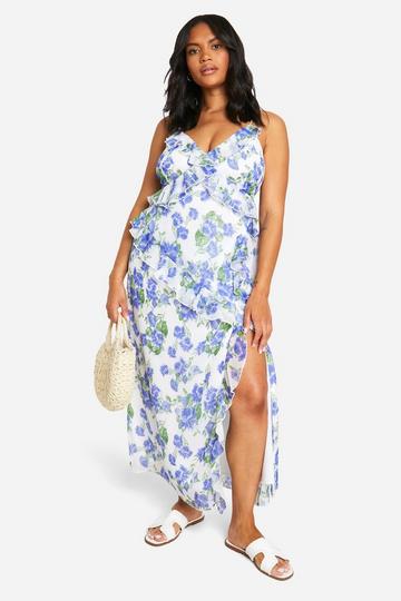 Lila Violet Plus Chiffon Bloemen Midaxi Jurk Met Print