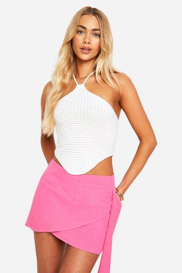 Wrap Linen Look Mini Skirt hot pink