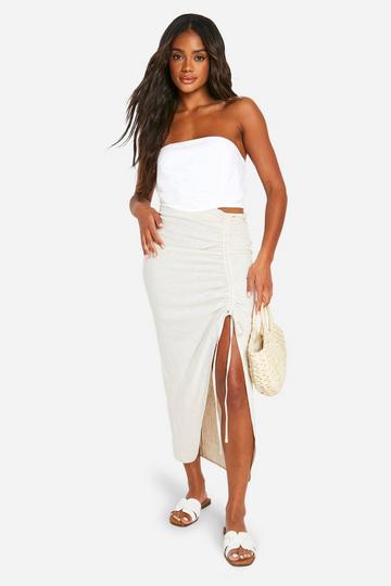 Side Ruched Linen Look Midaxi Skirt natural