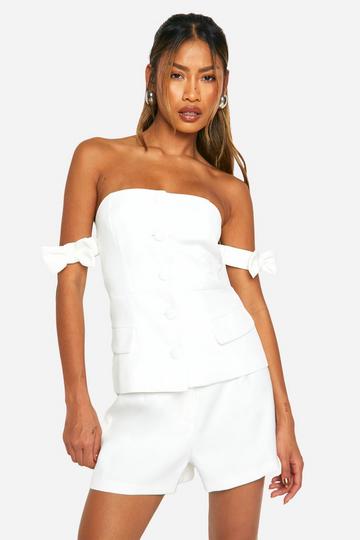 Bow Bardot Tailored Longline Top ivory