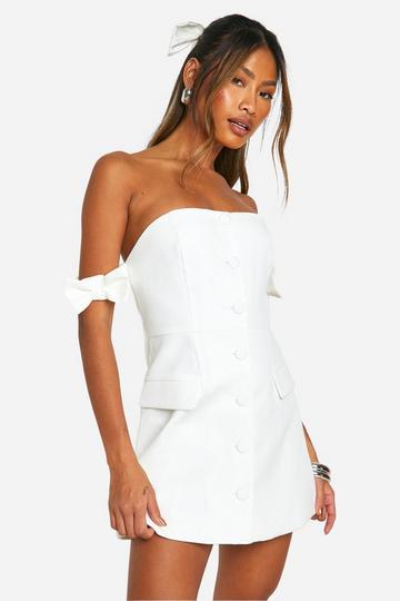 Bow Bardot Tailored Mini Dress ivory