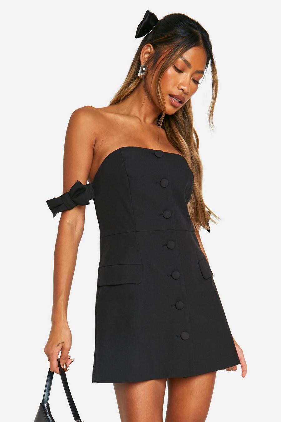 Black Bow Bardot Tailored Mini Dress image number 1