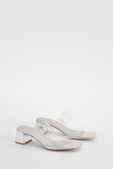 Silver Clear Strap Low Block Heeled Mules