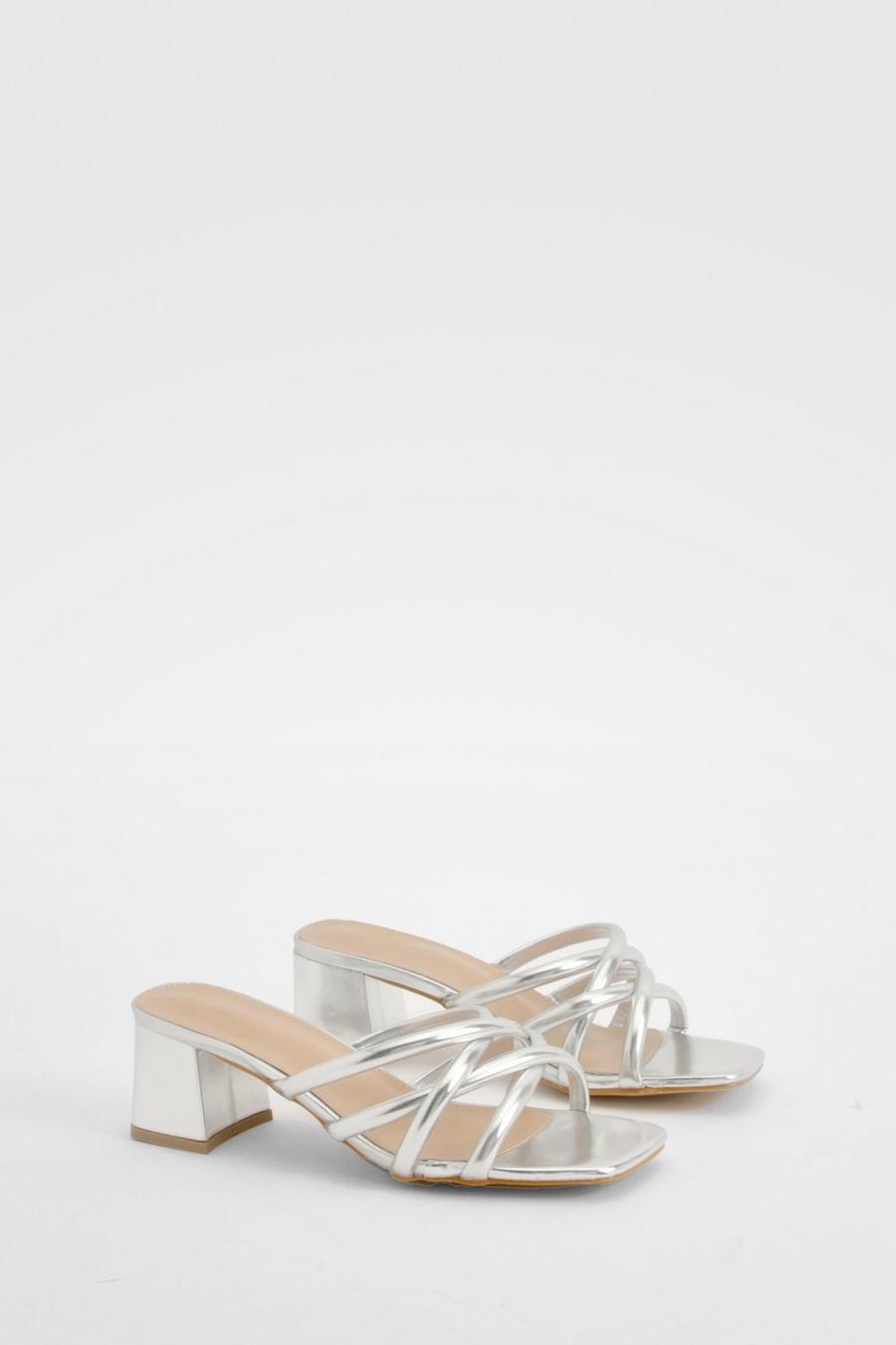 Silver Strappy Block Heeled Mules      