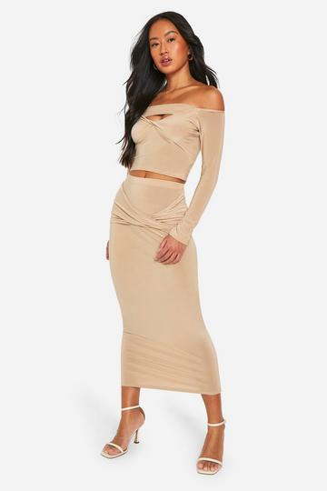 Slinky Twist Front Long Sleeve Top & Maxi Skirt almond