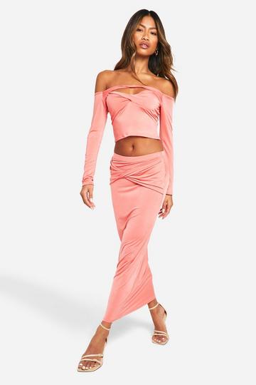 Coral Pink Slinky Twist Front Long Sleeve Top & Maxi Skirt