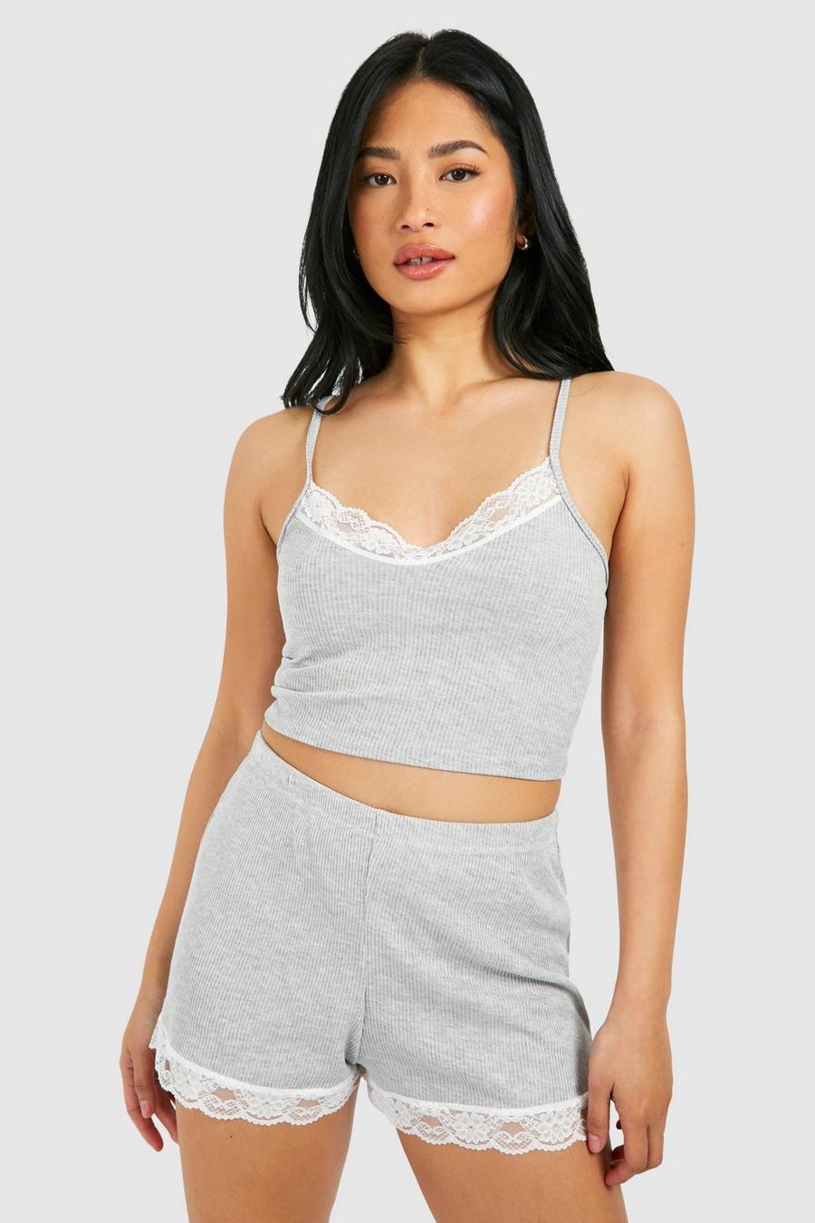 Grey Petite Rib Lace Trim Cami Pajama Set