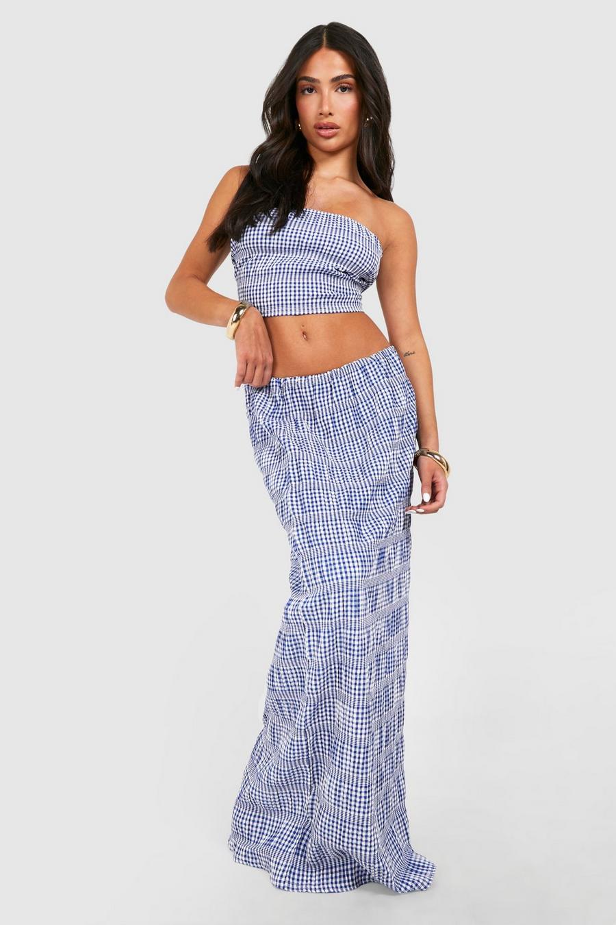 Blue Petite Gingham Woven Maxi Skirt image number 1