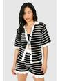 Black_ecru Petite Knitted Stripe Ruffle Shirt