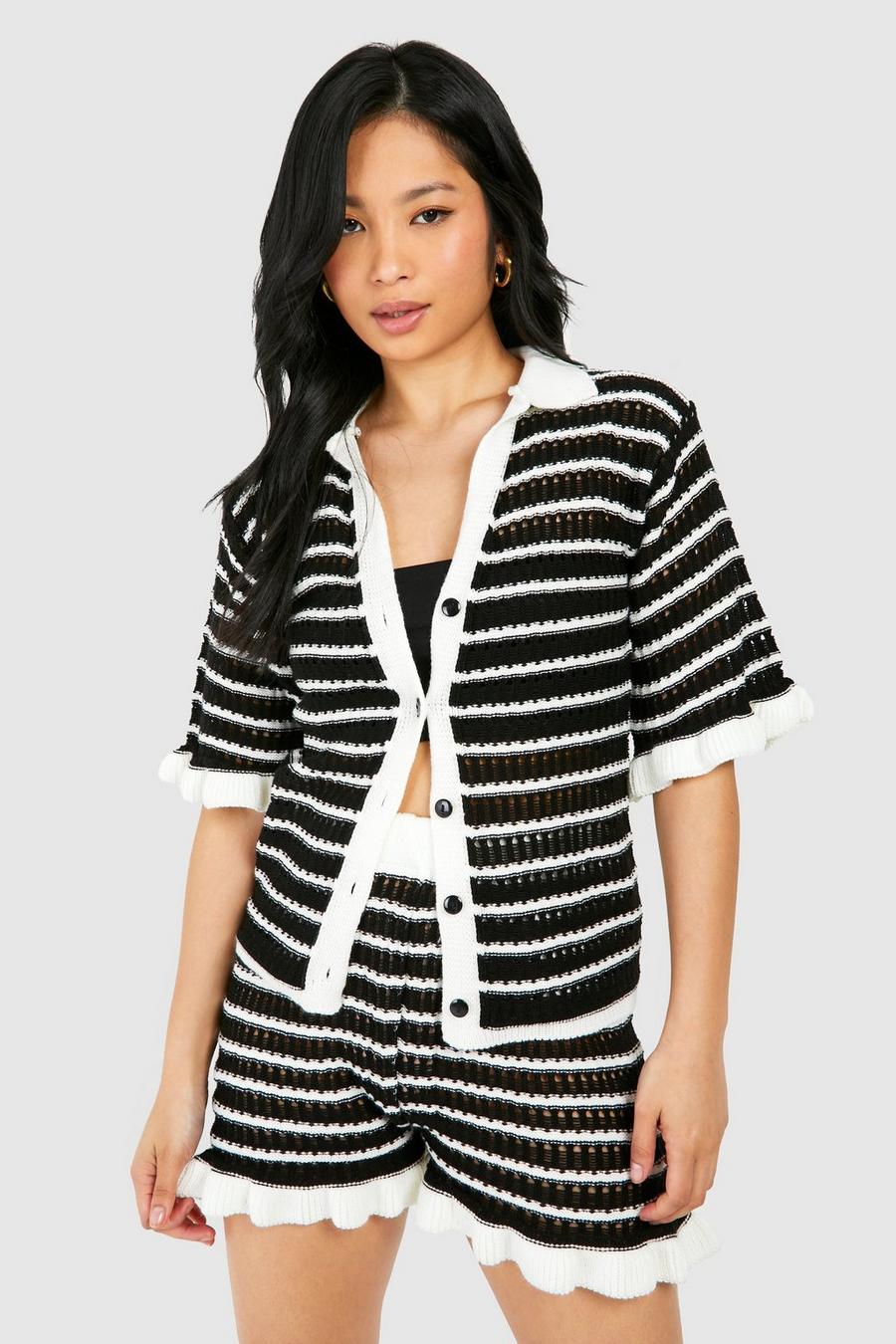 Black_ecru Petite Knitted Stripe Ruffle Shirt image number 1