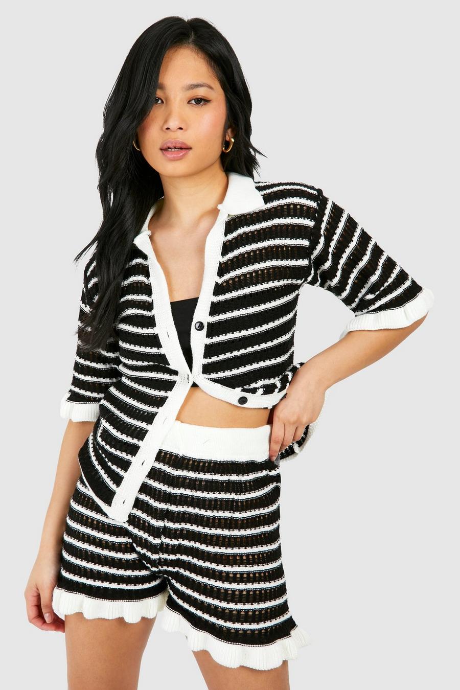 Black_ecru Petite Knitted Stripe Ruffle Shorts image number 1