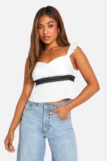 Petite Lace Trim Frill Satin Top white