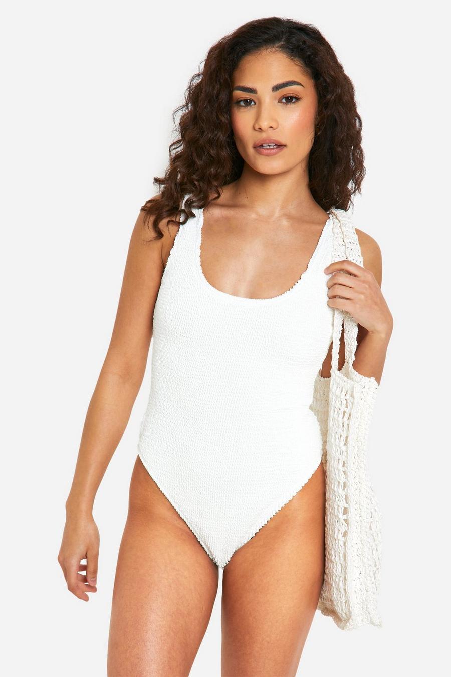 White Petite Premium Crinkle Scoop Neck Swimsuit image number 1