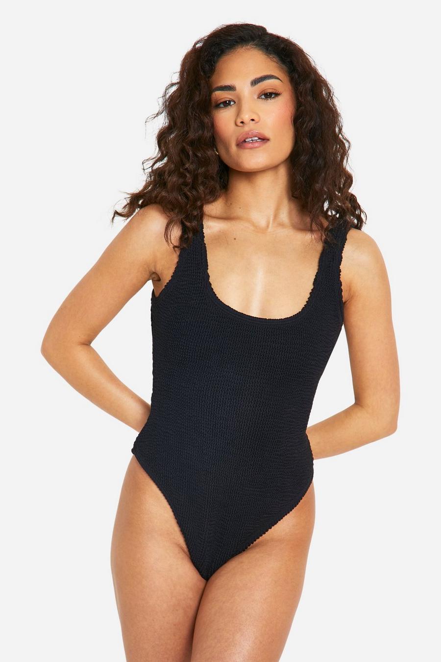 Black Petite Premium Crinkle Scoop Neck Swimsuit