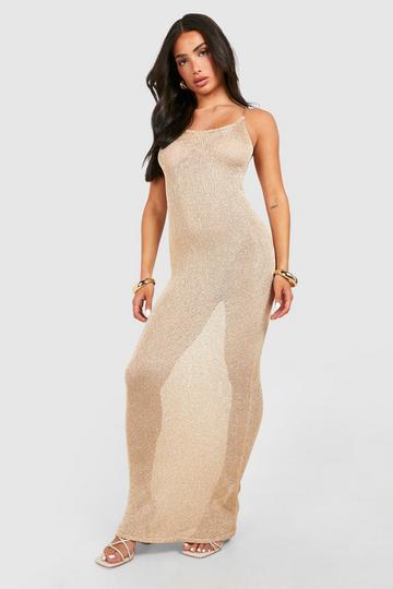 Gold Metallic Petite Sequin Knit Strappy Maxi Dress