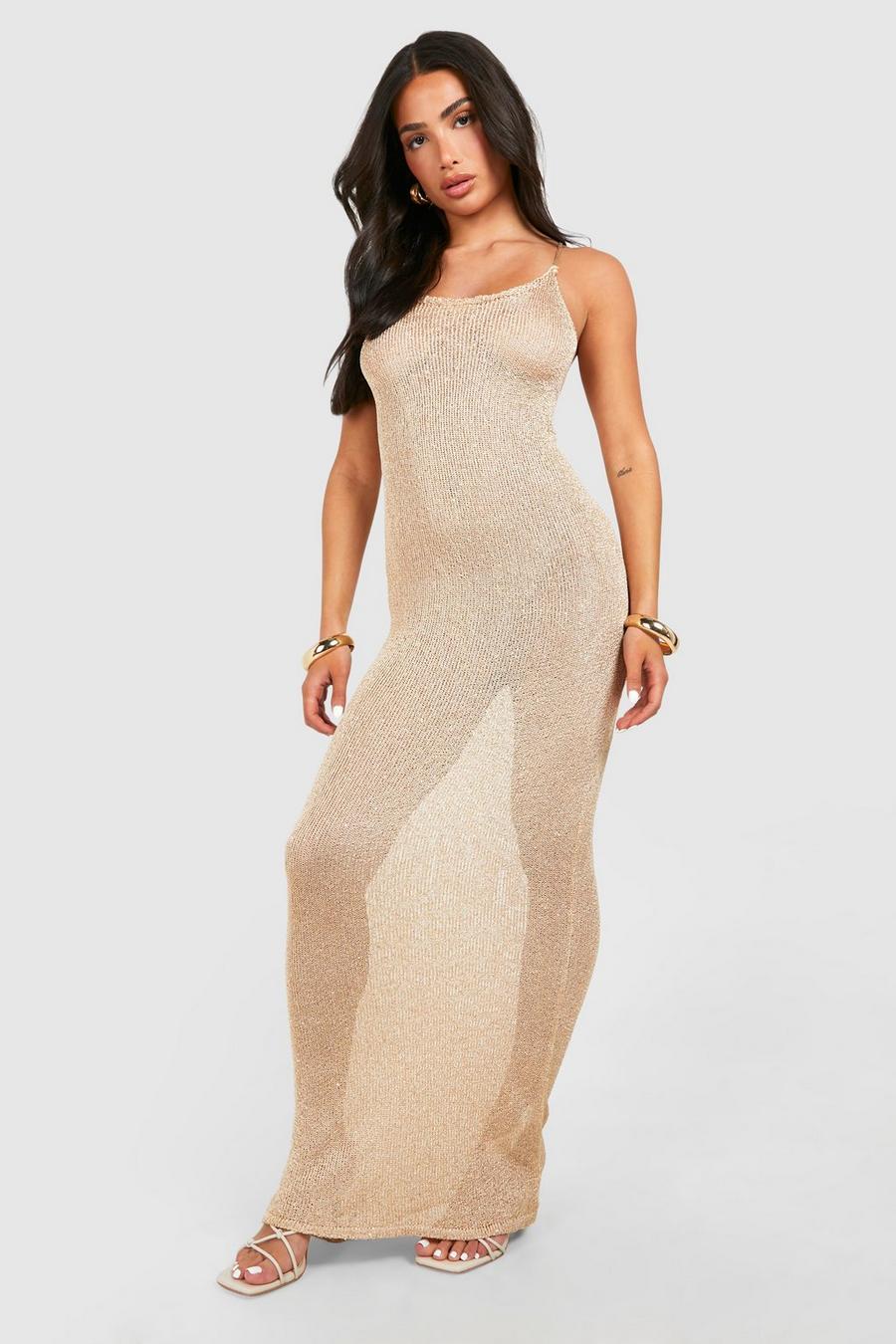 Gold Petite Sequin Knit Strappy Maxi Dress image number 1
