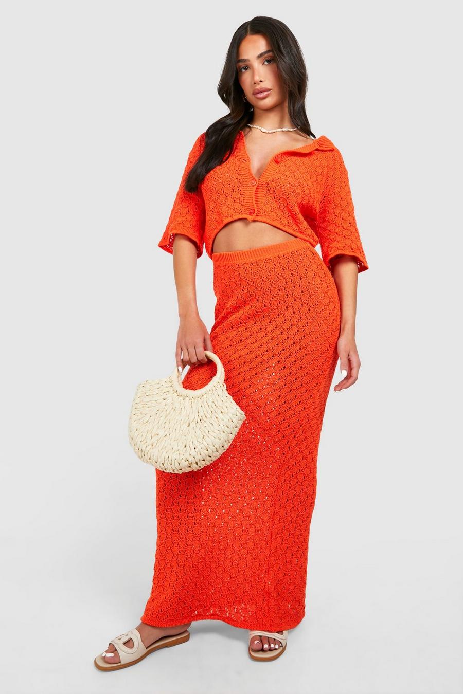 Orange Petite Knitted Pointelle Maxi Skirt image number 1