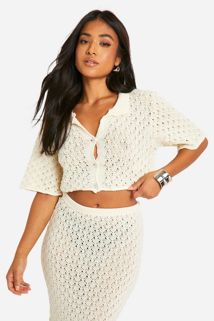 Cream Petite Knitted Pointelle Cropped Shirt image number 1