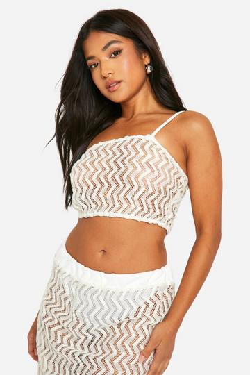 Petite Zig Zag Knit One Shoulder Crop Top cream