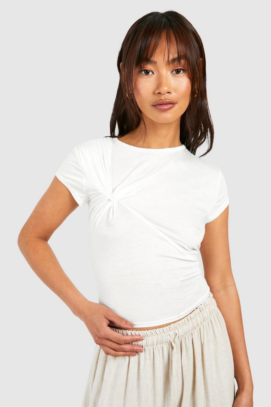 T-shirt in Jean Grazer con dettagli attorcigliati e maniche ad aletta, White