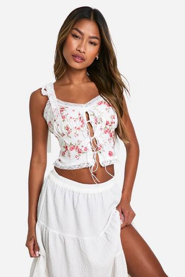 White Ditsy Floral Printed Lace Trim Corset