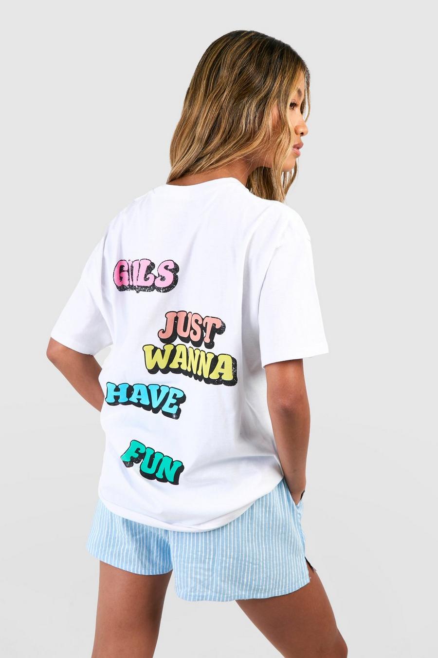 T-shirt oversize per ragazze con stampa sul retro di Just Wanna Have Fun, White image number 1