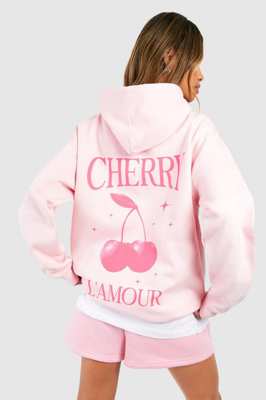 Sudadera oversize con capucha y estampado Cherry L'amour en la espalda, Light pink
