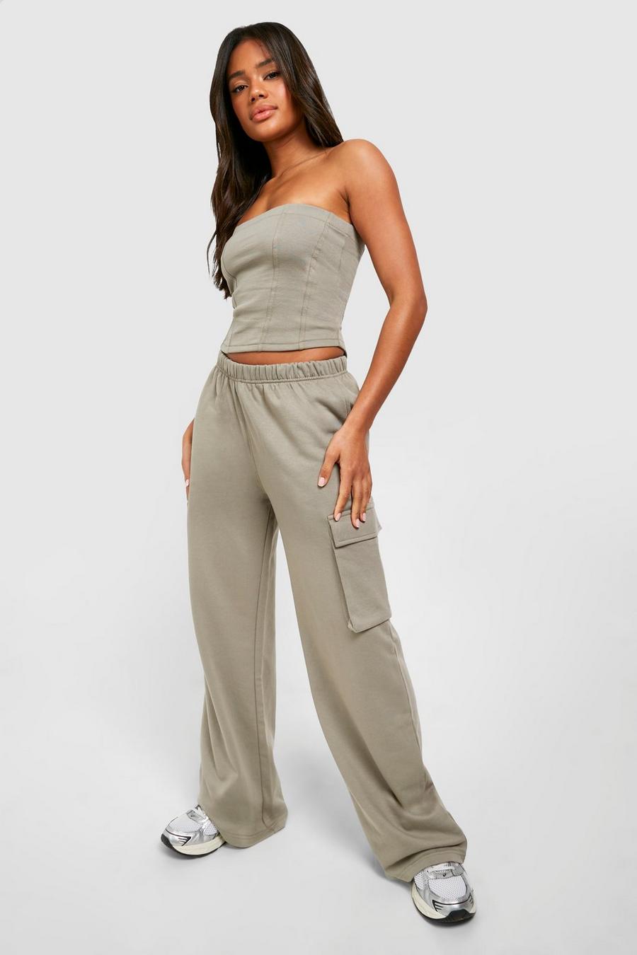 Washed khaki Loopback Seam Detail Corset And Straight Leg Track Pants image number 1