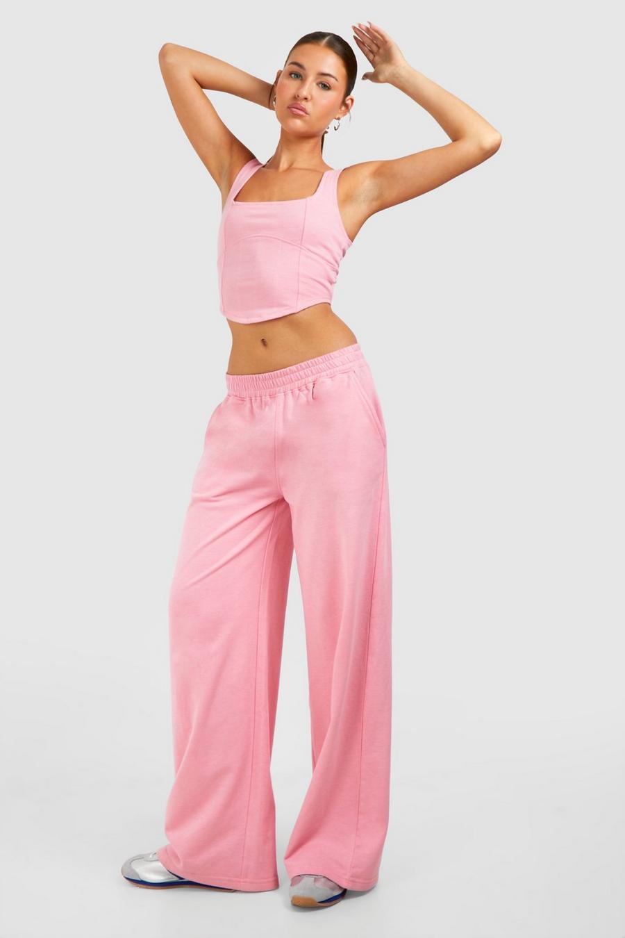 Conjunto de pantalón deportivo recto y corsé de tela rizo con tiras cruzadas, Baby pink image number 1