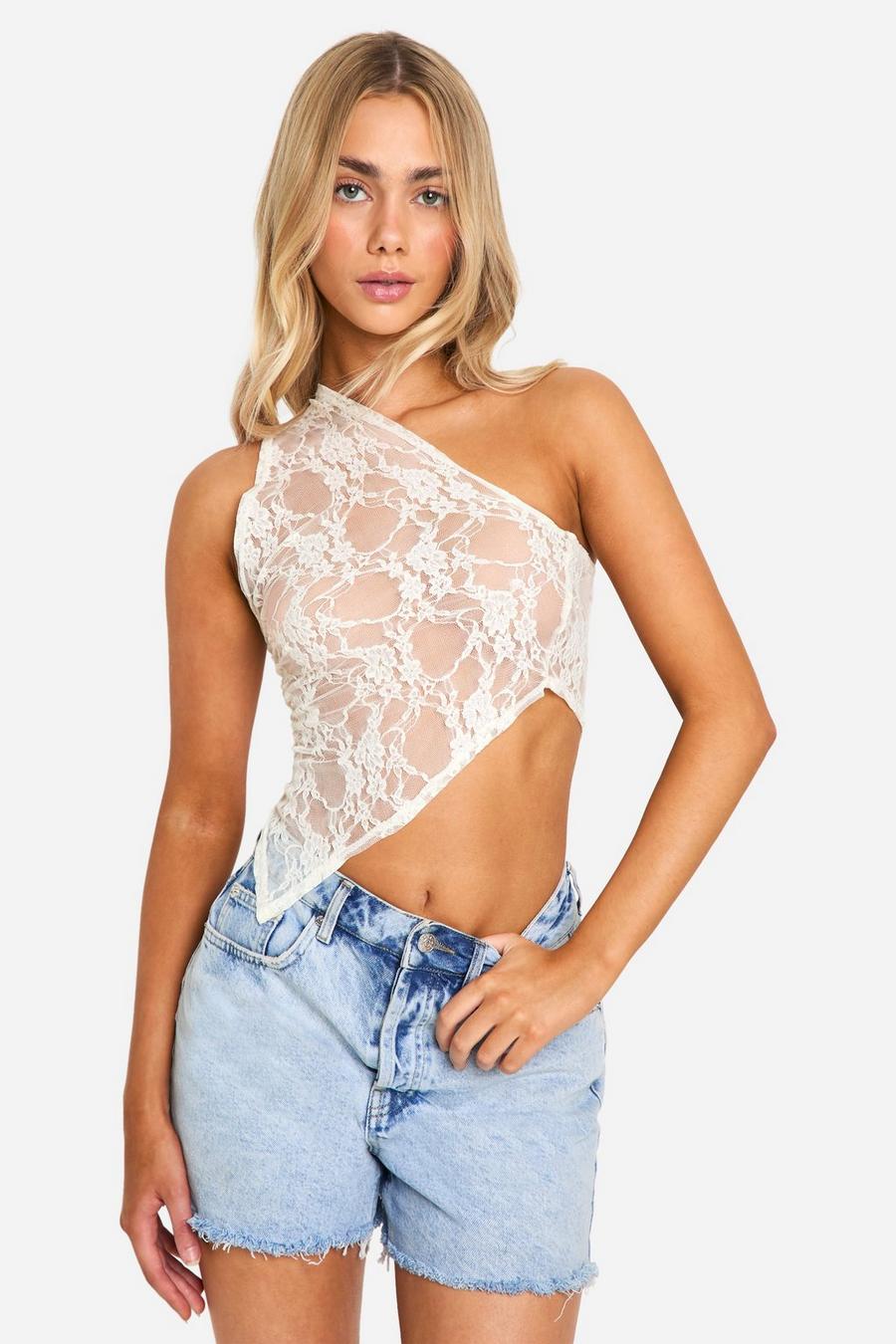 White One Shoulder Asymmetric Lace Top  image number 1
