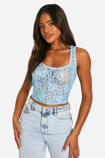 Blue Scoop Neck Rose Lace Tank Top