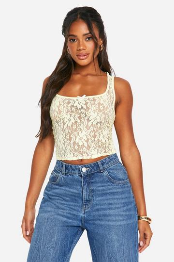 Lemon Yellow Scoop Neck Rose Lace Tank Top