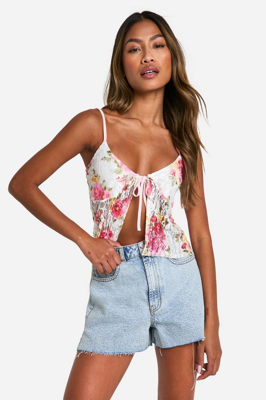 White Floral Printed Lace Cami image number 1